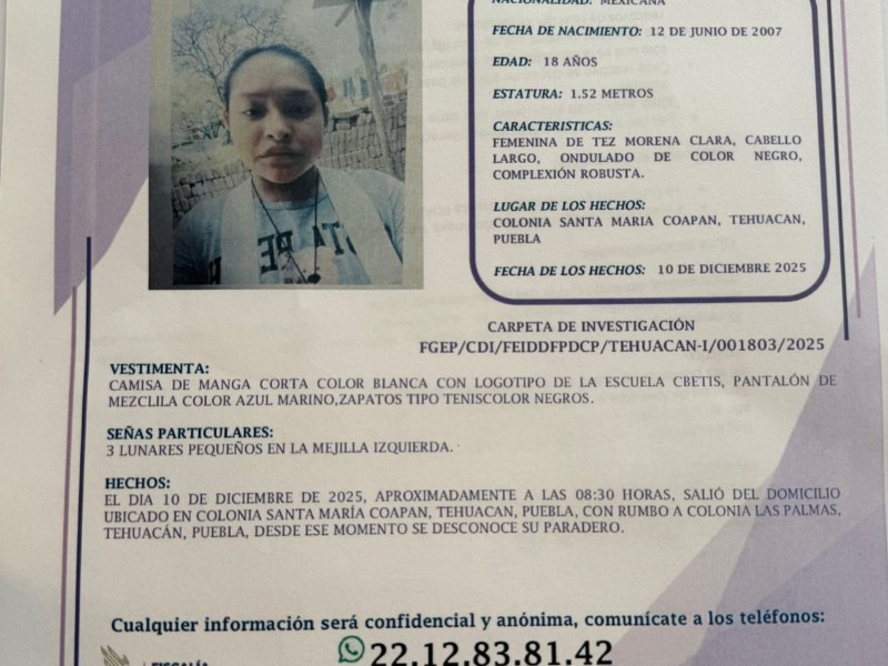 Familiares de joven del CBTIS 229 originaria de Coapan es buscada