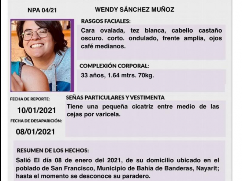 Familiares piden ayuda para localizar a Wendy Sánchez