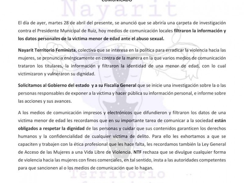 Feministas exigen sanción para medios que revelaron datos de violación