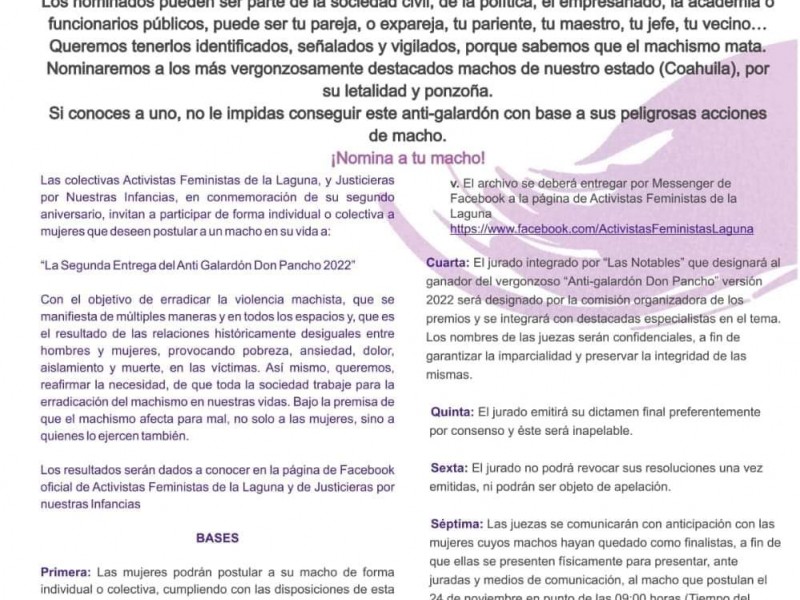 Feministas laguneras Convocan a Anti-galardón Don Pancho