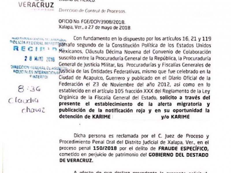 FGE pide a PGR ficha roja para Karime