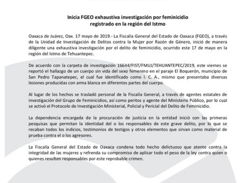 FGEO inica investigación por feminicidio en Tapanatepec