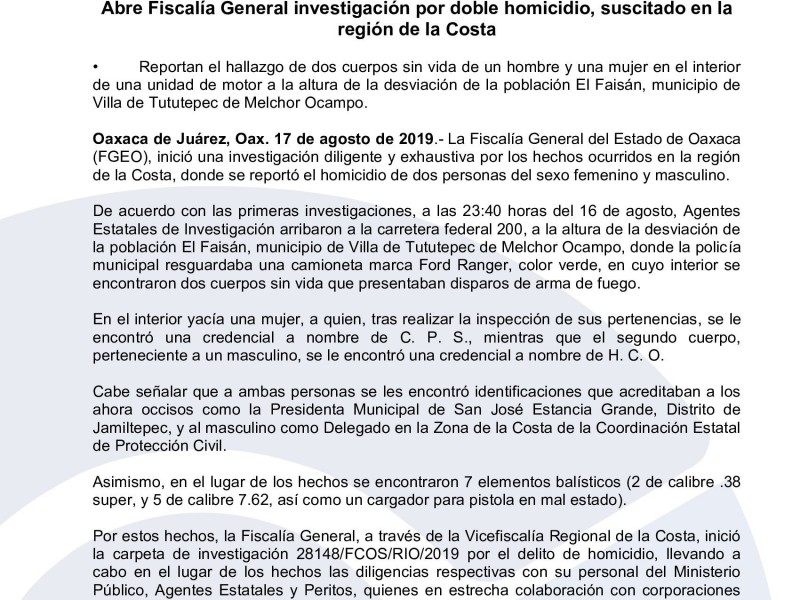 FGEO investiga doble homicidio en la Costa