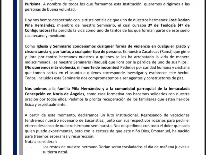 Fija postura seminario sobre asesinato a seminarista