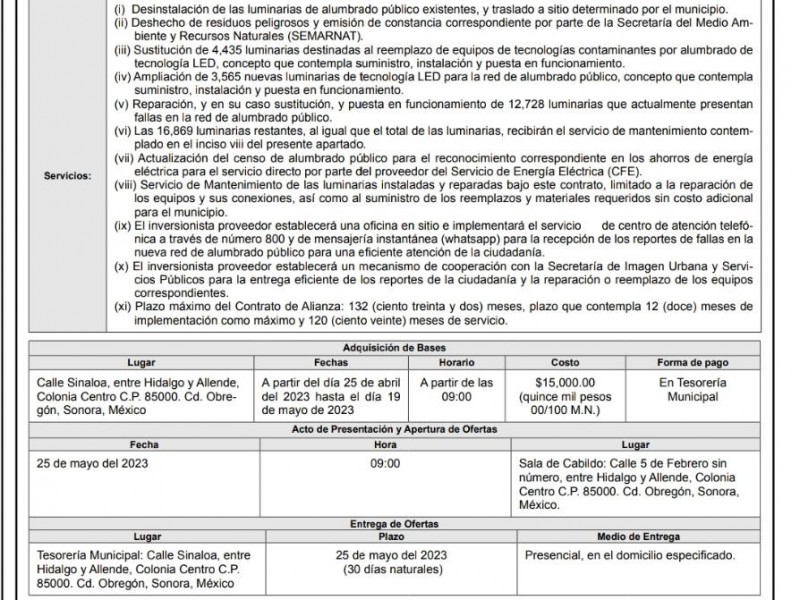 ¡Finalmente! Lanzan licitación pública para contratar empresa que ilumine Cajeme