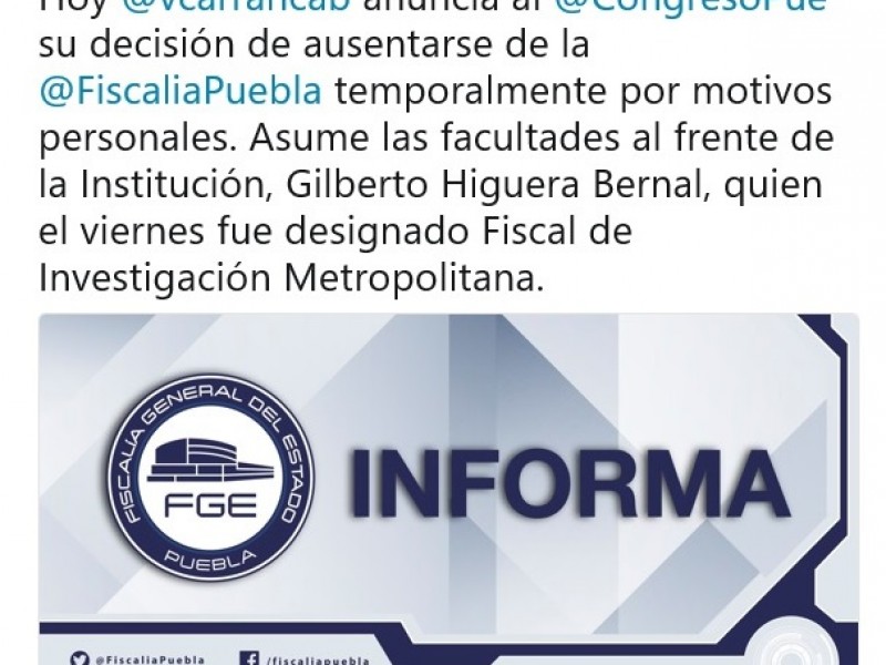 Fiscal metropolitano sustituye a Víctor Carrancá