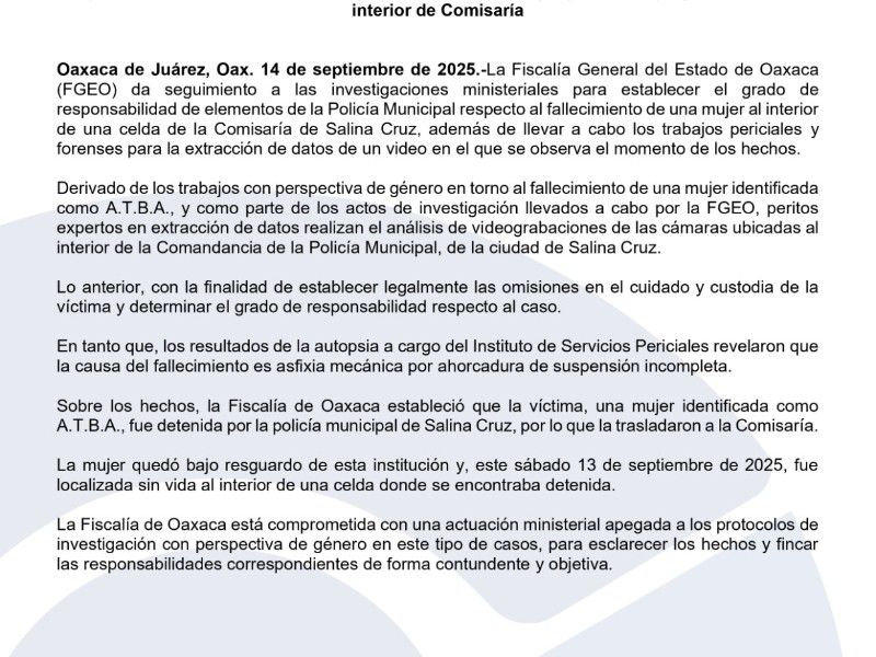 Fiscalia confirma asfixia mecánica por ahorcadura de Tamara en separos municipales