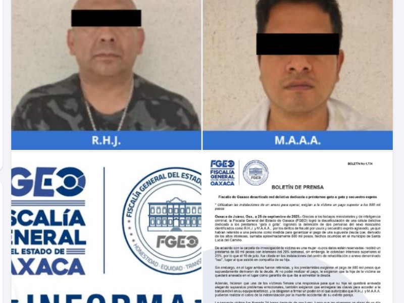 Fiscalía de Oaxaca desarticula red delictiva dedicada a préstamos gota a gota