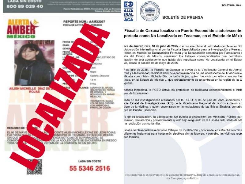 Fiscalía localiza en Puerto Escondido adolescente desaparecida en el Estado de México
