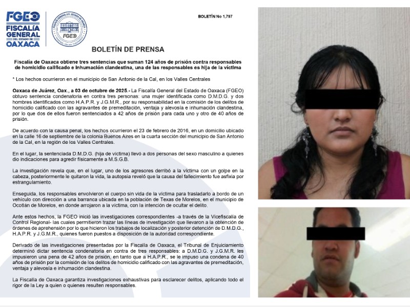 Fiscalía oaxaqueña detiene y sentencia a mujer que asesino a su padre