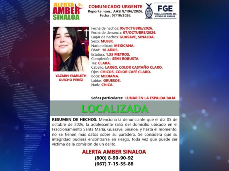 Fiscalía desactiva alerta amber tras localizar Yazmín Yamileth desaparecida en guasave