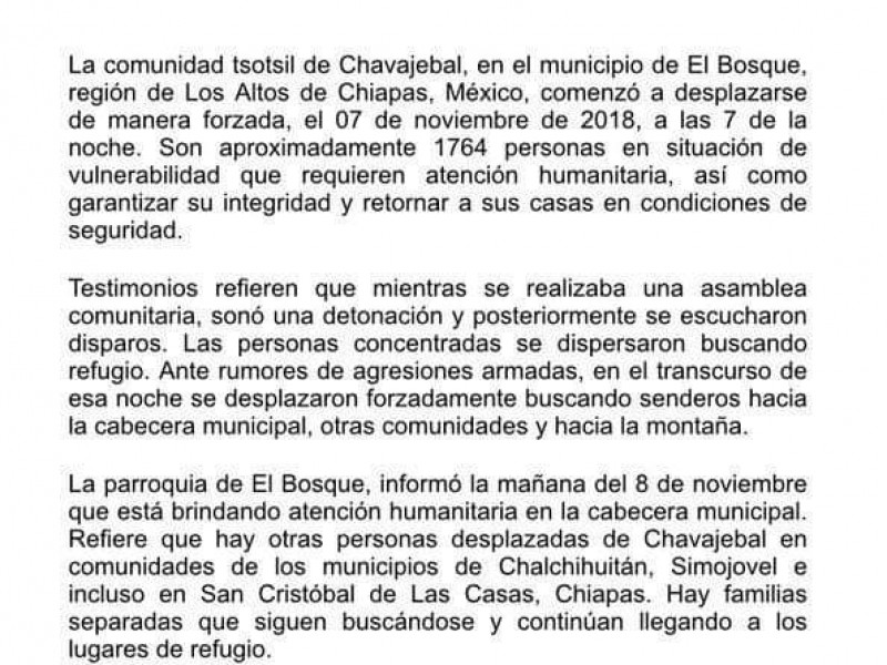 FRAY A pide atención para desplazados de Chavejabal