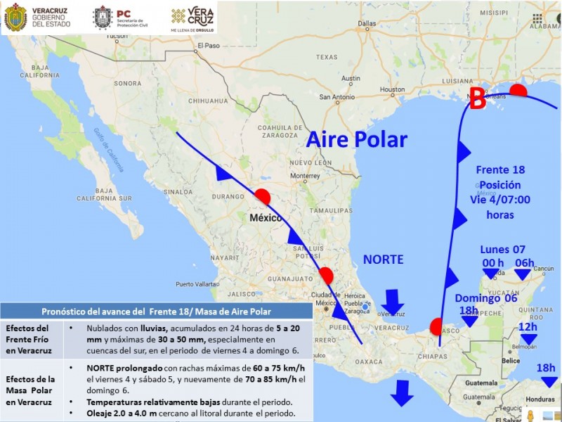 Frente Frío 18 seguirá afectando Veracruz este fin de semana