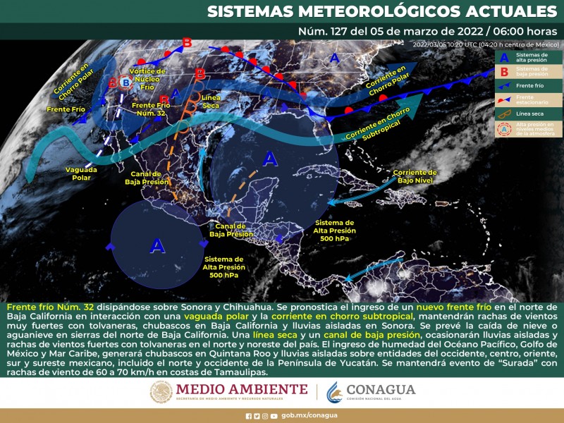 Frente frío 32 se disipa sobre Sonora y Chihuahua