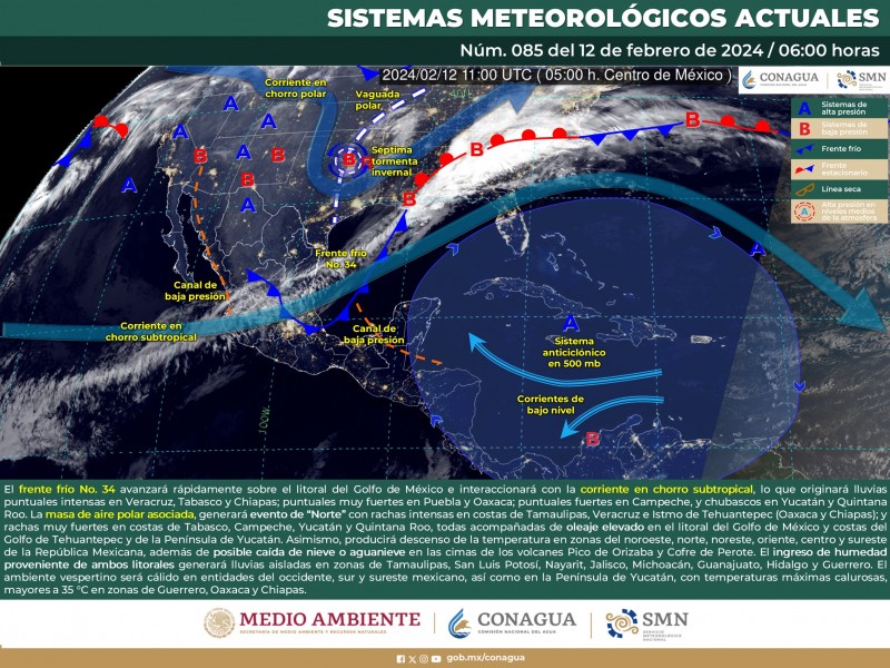 Frente frío 34 ocasionará lluvias en el sur de México