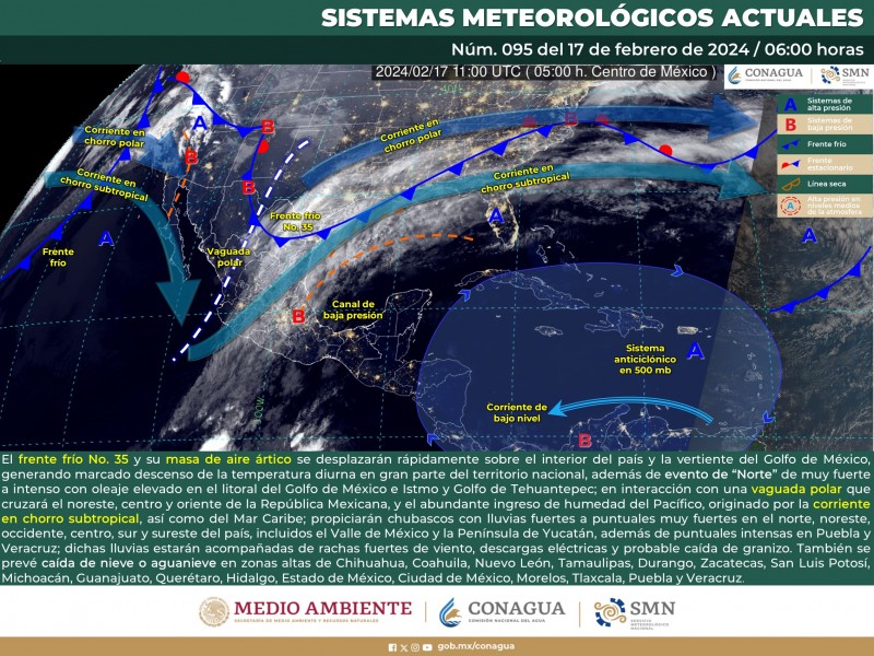 Frente frío 35 recorre México dejando lluvias y nevadas