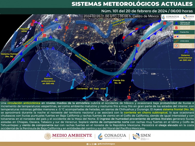 Frente frío 36 dejará lluvias en el norte de México