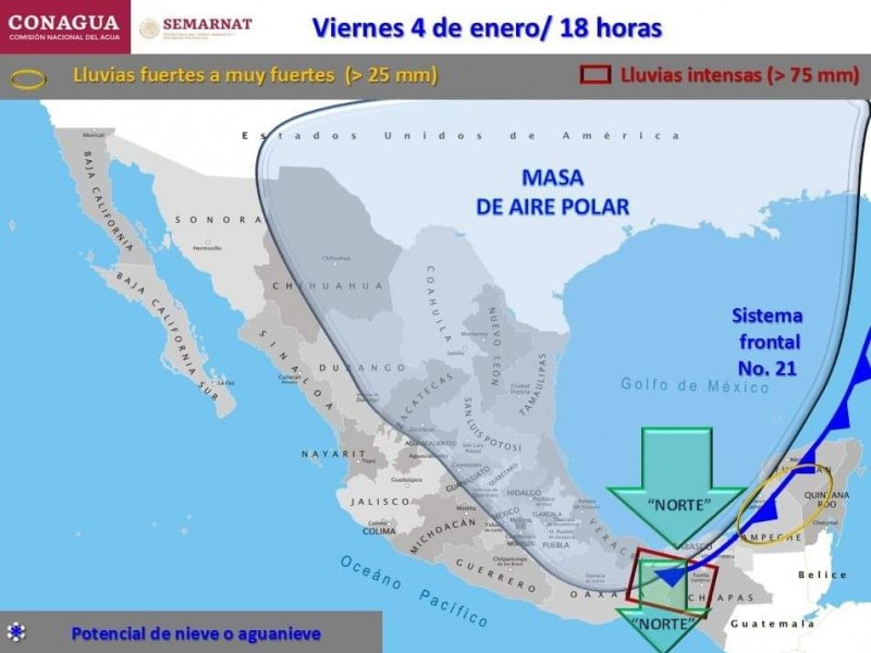 Frente frío número 21 ocasionará bajas temperaturas