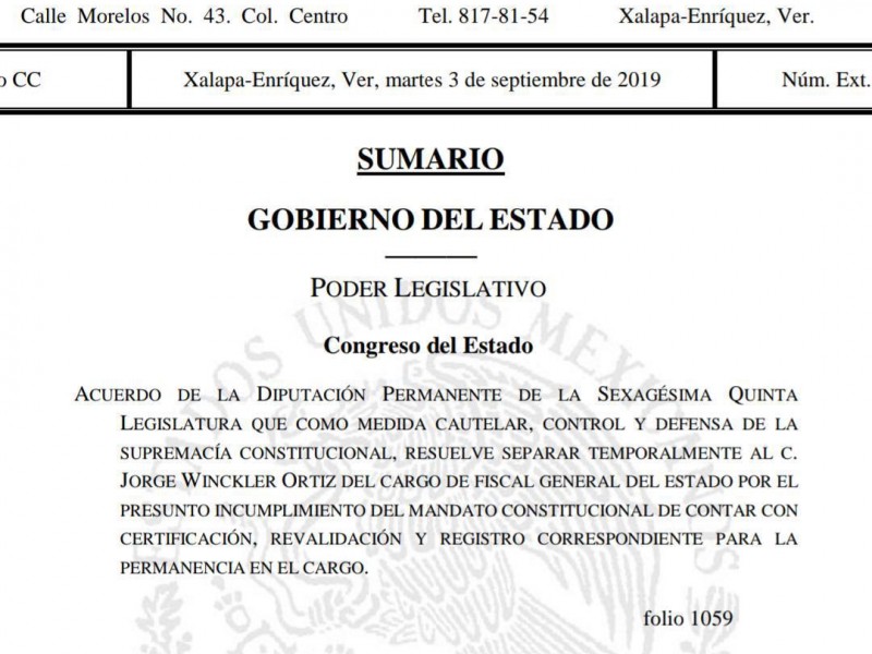 Gaceta del Estado publica separación de Winckler