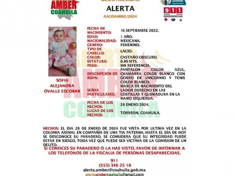 Giran Alerta Amber por desaparición de bebé en Torreón