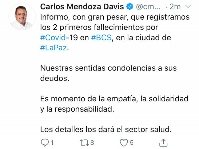 Gobernador de BCS confirmó 2 defunciones por Covid19