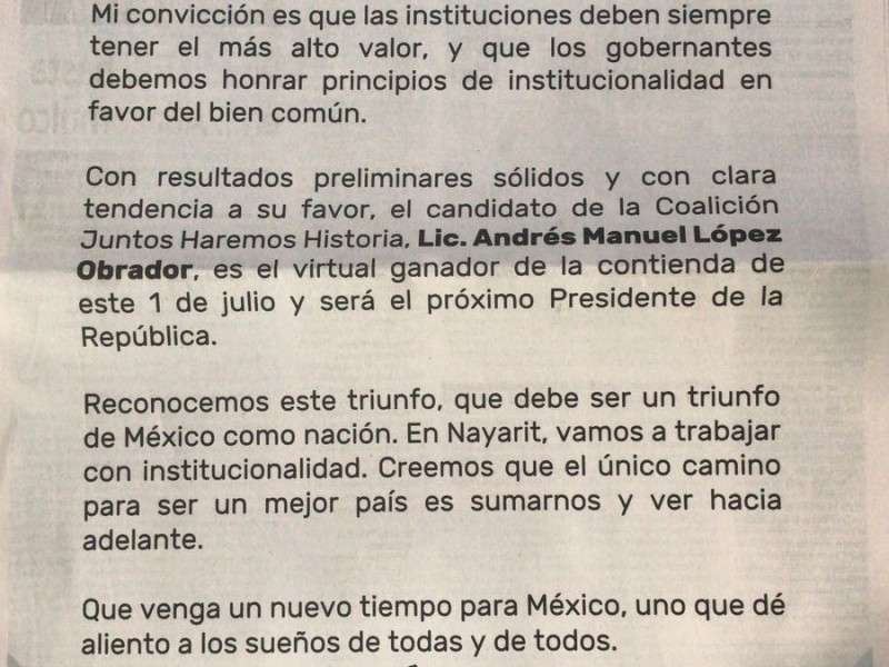 Gobernador de Nayarit felicita a AMLO