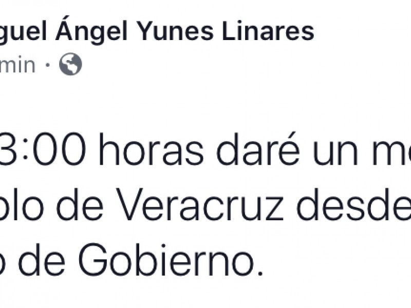 Gobernador emitirá mensaje a las 13hrs