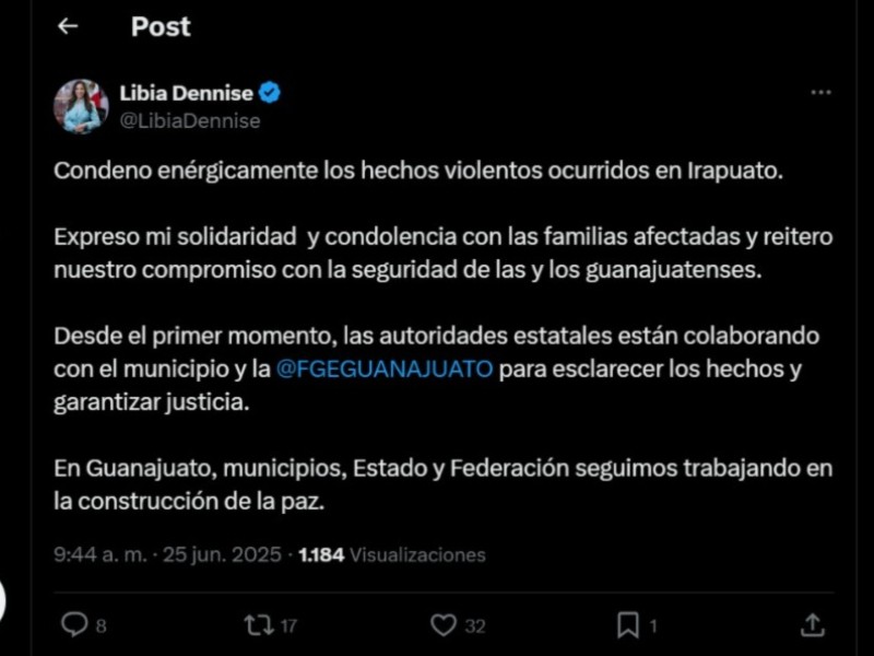Gobernadora de Guanajuato lamenta masacre y se compromete a esclarecimiento
