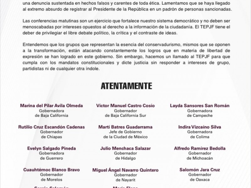 Gobernadores de Morena respaldan a AMLO frente a TEPJF