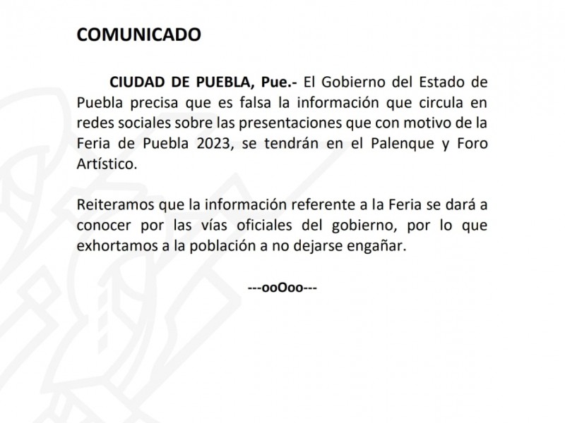 Gobierno de Puebla desmiente supuestos artistas para la feria