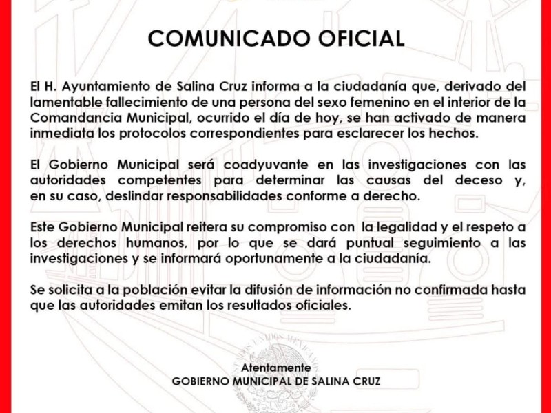 Gobierno de Salina Cruz emite comunicado tras muerte en separos municipales