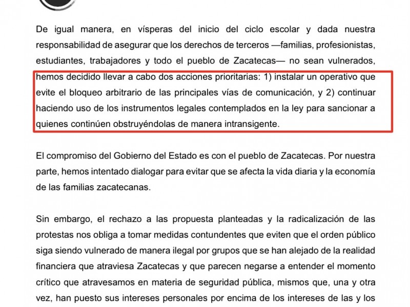 Gobierno de Zacatecas advierte con operativo para evitar bloqueos viales