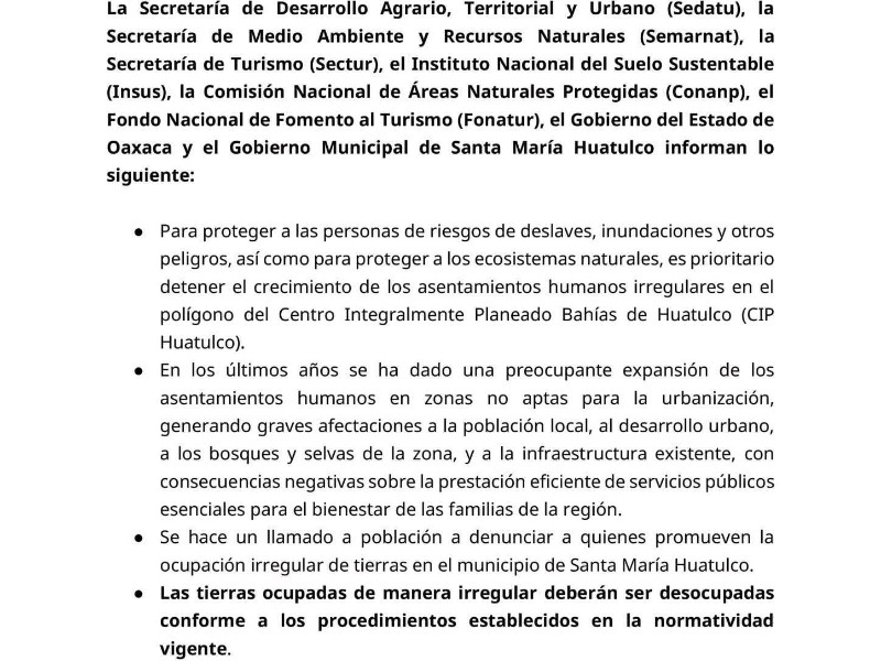 Gobiernos rechazan crecimiento de asentamientos irregulares en el CIP Huatulco