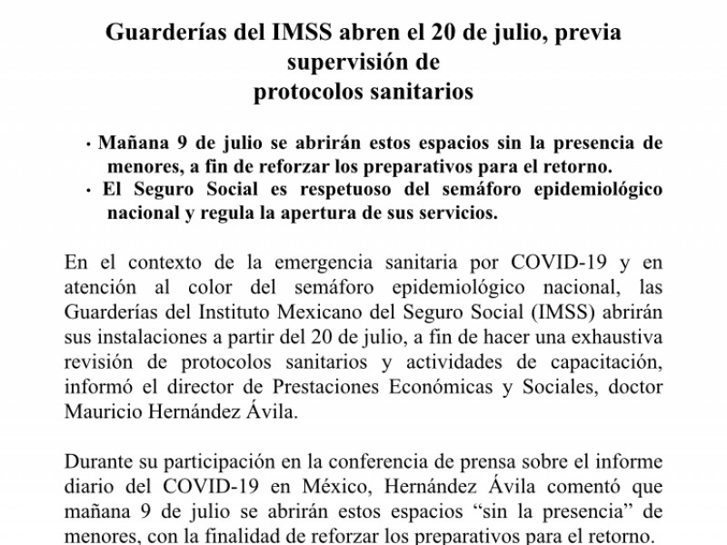 Guarderías del IMSS abren el próximo 20 de julio