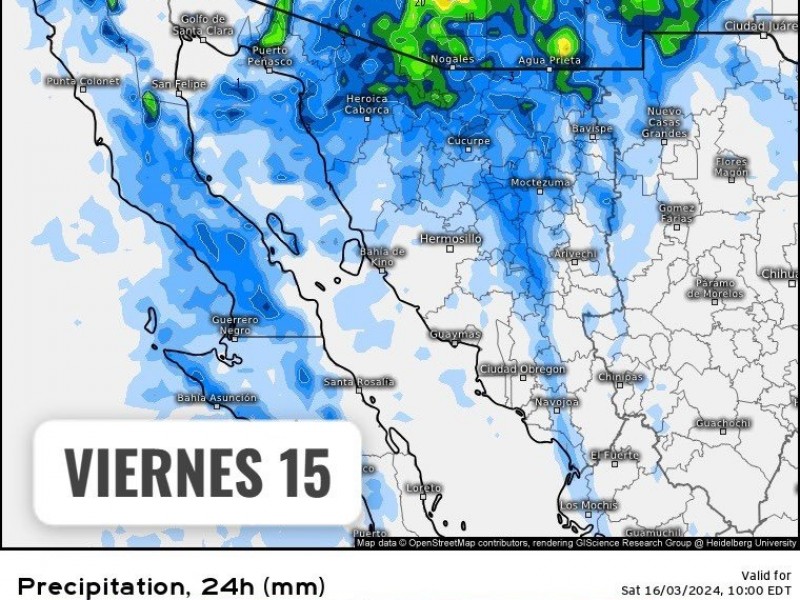 Guaymas con temperatura máxima de 21°C