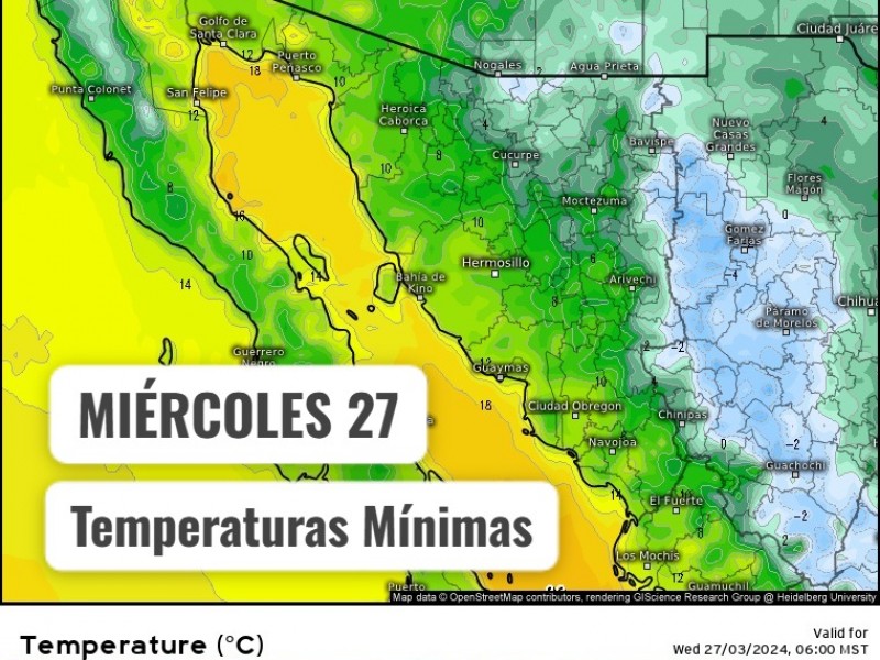 Guaymas con temperatura mínima de 14°C