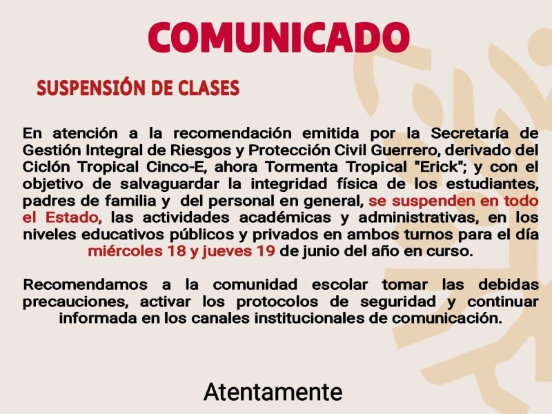 Guerrero: suspenden clases miércoles y jueves por presencia de 