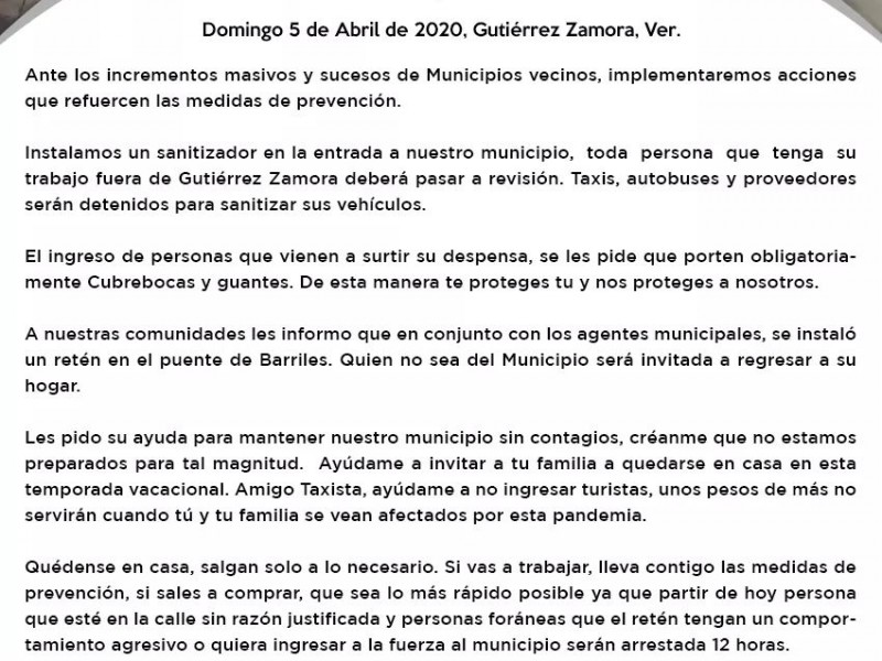 Gutiérrez Zamora extrema medidas por aislamiento; amaga con arrestos