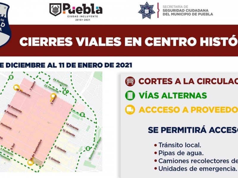 Habrá cierres viales en Centro Histórico de Puebla por contagios