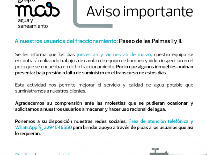 Habrá falta de agua en Fracc. Paseo de las Palmas