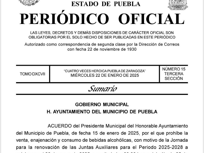 Habrá ley seca este fin de semana en Puebla