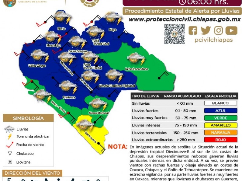 Habrá lluvias intensas, emiten alerta amarilla en Chiapas