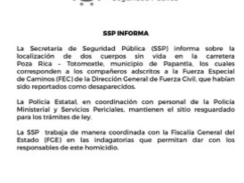 Hallan a elementos de Fuerza Civil sin vida en Papantla