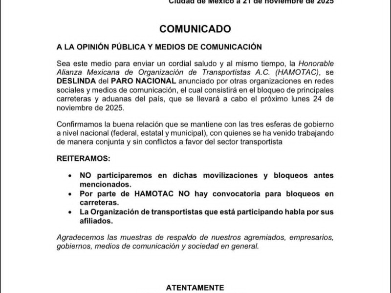 HAMOTAC se deslinda de paro nacional de transportistas