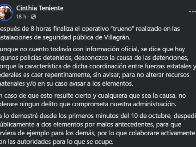 Hay elementos detenidos tras Operativo Trueno en Villagrán; se desconoce el motivo