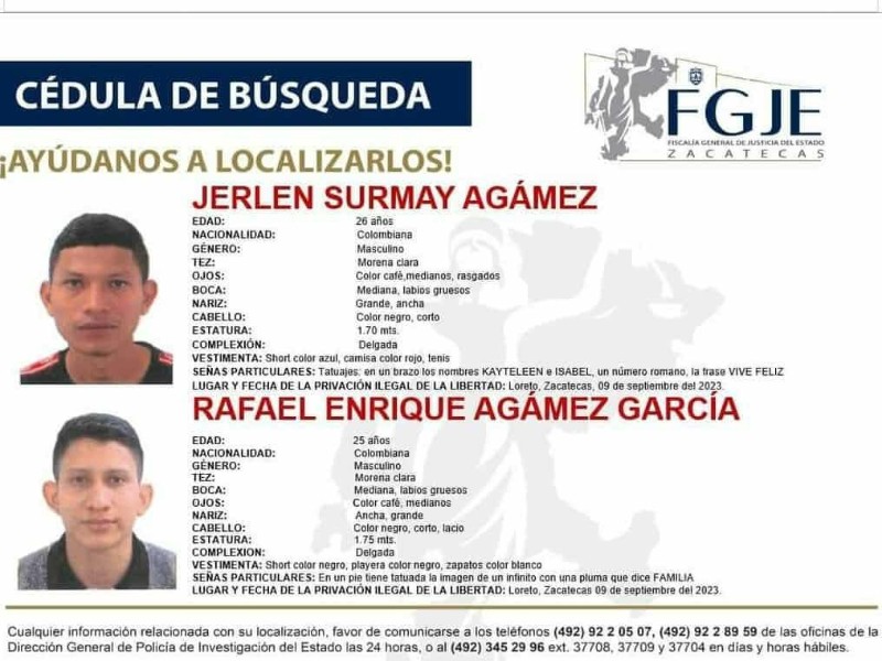 Hermana de dos colombianos desaparecidos en Zacatecas exige acciones a la FGJEZ