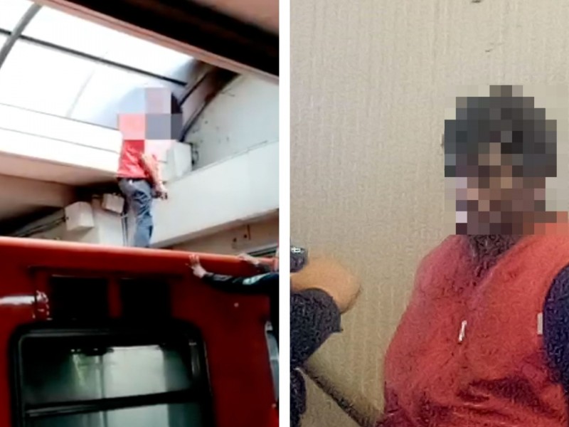 Hombre sube al techo de un vagón en el MetroCDMX