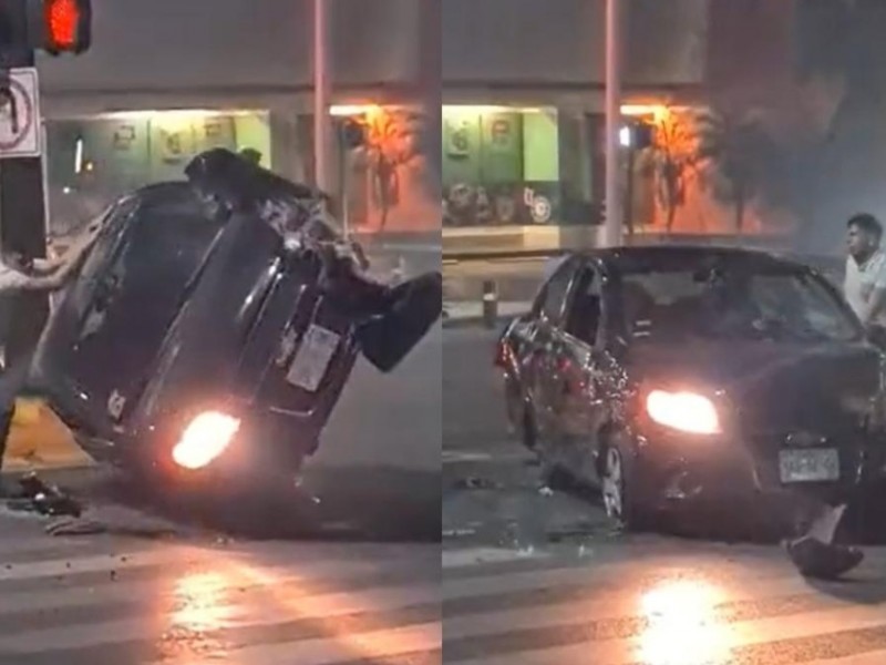 Hombre voltea su coche volcado con sus propias manos