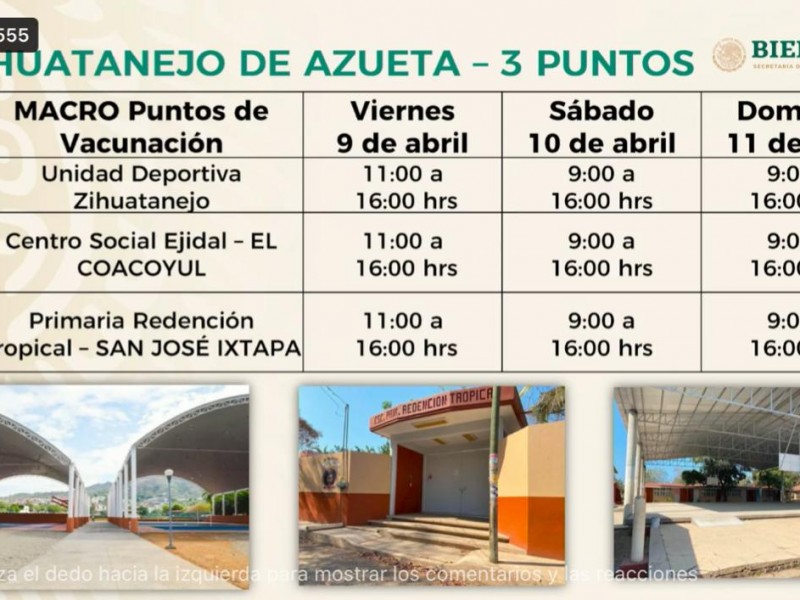 Horarios oficiales para vacunación contra COVID19 en Zihuatanejo