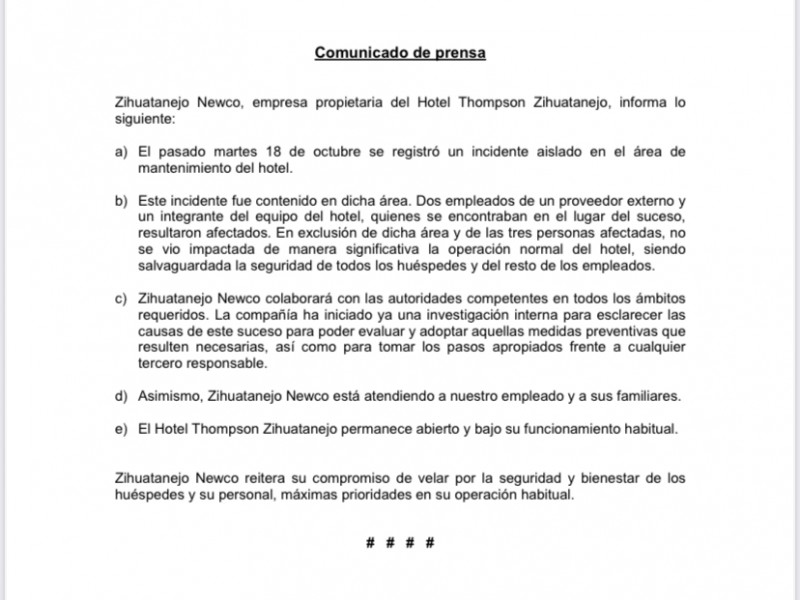 Hotel Thompson Zihuatanejo investiga internamente causas de explosión de gas
